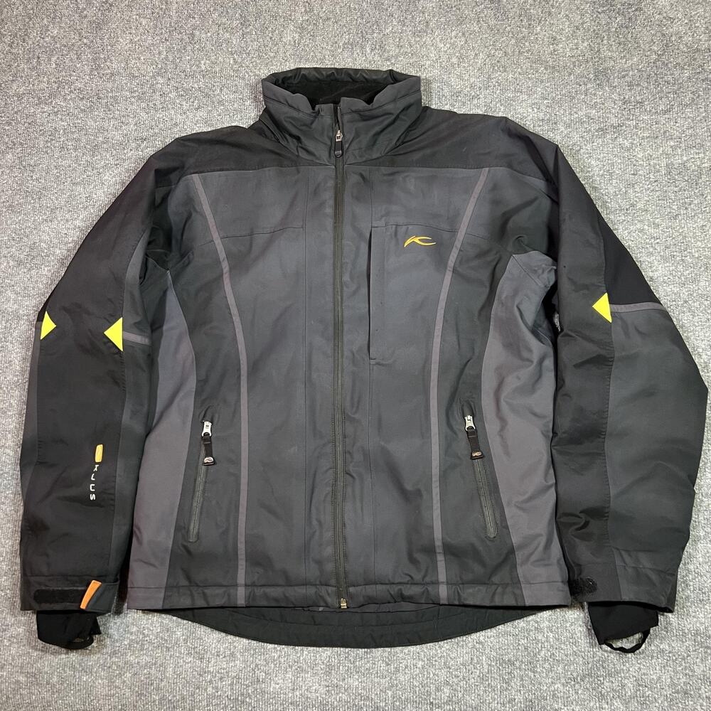 KJUS Ski Jacket Mens Large Gray Black Thinsulate Insulated Storm Hood Snow